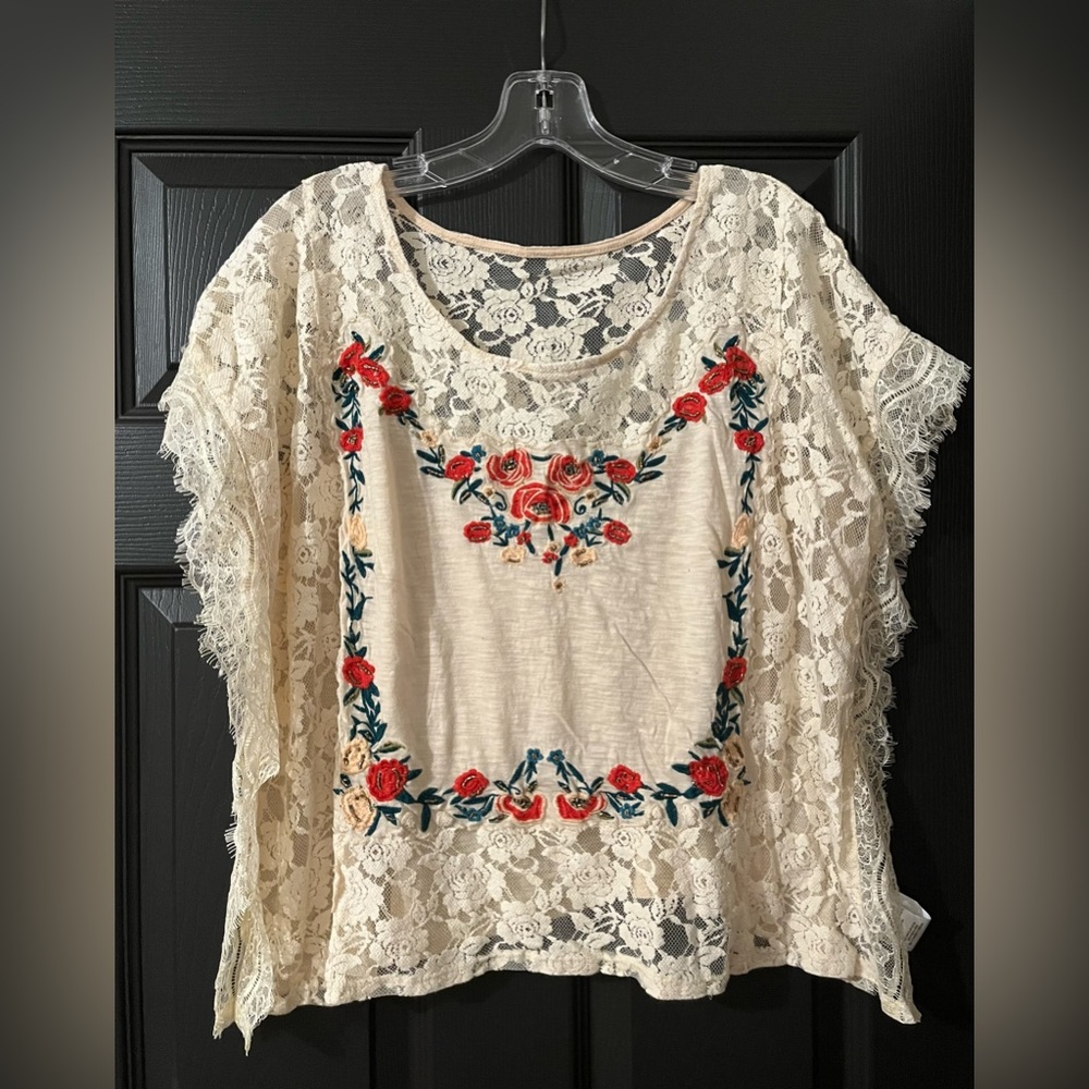 Kimchi Blue cream lace top with embroidered red roses and leafs with sparkles